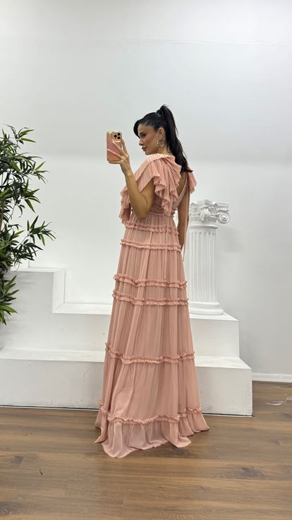 Powder Layered Ruffle Special Design Chiffon Evening Dress